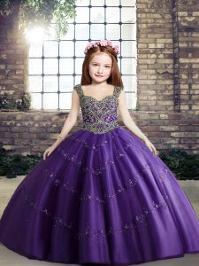 Purple Lace Up Kids Pageant Dress Beading Sleeveless Floor Length