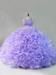 Hot Selling Lavender Two Pieces Scoop Sleeveless Fabric With Rolling Flowers Floor Length Lace Up Beading Quinceanera Dress