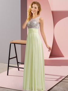 Floor Length Side Zipper Quinceanera Court Dresses Light Yellow for Wedding Party with Beading