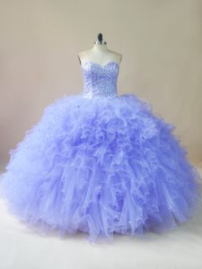 Lavender Ball Gowns Beading and Ruffles Vestidos de Quinceanera Lace Up Tulle Sleeveless Floor Length