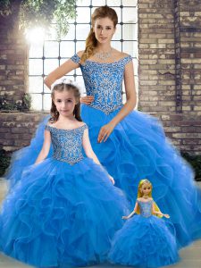 Blue Ball Gowns Tulle Off The Shoulder Sleeveless Beading and Ruffles Lace Up 15 Quinceanera Dress Brush Train