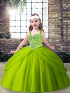 Perfect Straps Sleeveless Tulle Little Girl Pageant Gowns Beading and Pick Ups Lace Up