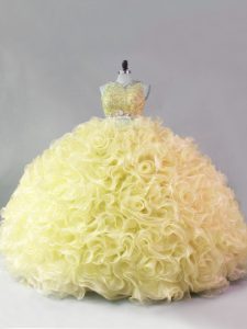 Designer Floor Length Yellow 15th Birthday Dress Fabric With Rolling Flowers Sleeveless Beading