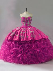 Fuchsia Fabric With Rolling Flowers Lace Up 15th Birthday Dress Sleeveless Floor Length Embroidery and Ruffles