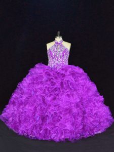 On Sale Purple Organza Lace Up Halter Top Sleeveless Floor Length Quince Ball Gowns Beading and Ruffles