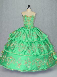 Green Ball Gowns Sweetheart Sleeveless Satin and Organza Floor Length Lace Up Embroidery and Ruffled Layers Quinceanera Dresses