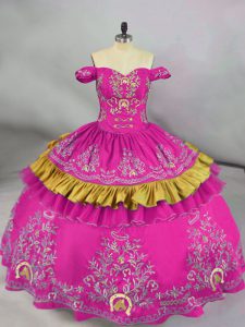 Fuchsia Satin Side Zipper Off The Shoulder Sleeveless Floor Length Ball Gown Prom Dress Embroidery