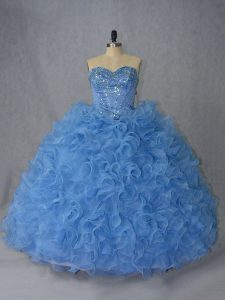 New Arrival Sweetheart Sleeveless Brush Train Lace Up 15 Quinceanera Dress Blue Organza