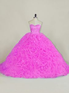 Cute Sleeveless Chapel Train Beading and Ruffles Lace Up Quince Ball Gowns