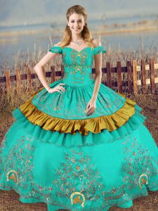 Turquoise Lace Up Off The Shoulder Embroidery 15th Birthday Dress Satin Sleeveless