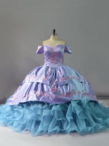 Beautiful Blue Sweet 16 Dresses Sweet 16 and Quinceanera with Ruffles Off The Shoulder Sleeveless Chapel Train Lace Up