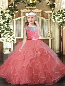 Watermelon Red Backless Kids Pageant Dress Lace and Ruffles Sleeveless Floor Length