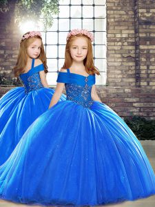 Fashionable Sleeveless Beading Lace Up Kids Formal Wear with Royal Blue Brush Train