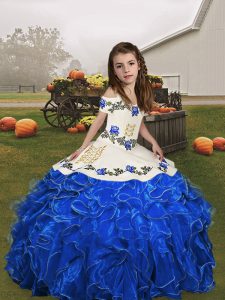 Royal Blue Lace Up Straps Embroidery and Ruffles Little Girls Pageant Dress Wholesale Organza Sleeveless