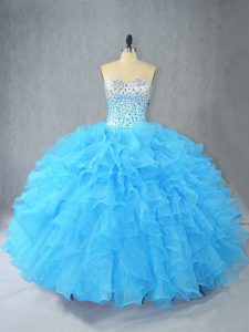 Traditional Aqua Blue Sweetheart Neckline Beading and Ruffles Quinceanera Gown Sleeveless Lace Up