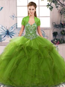 New Arrival Olive Green Sleeveless Tulle Lace Up Quinceanera Gown for Military Ball and Sweet 16 and Quinceanera