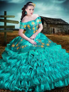 Traditional Turquoise Off The Shoulder Neckline Embroidery and Ruffles 15th Birthday Dress Sleeveless Lace Up