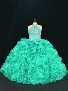On Sale Ball Gowns Quinceanera Gowns Turquoise Halter Top Organza Sleeveless Floor Length Lace Up