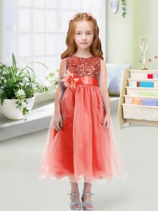 Designer Watermelon Red Sleeveless Tea Length Sequins and Hand Made Flower Zipper Toddler Flower Girl Dress