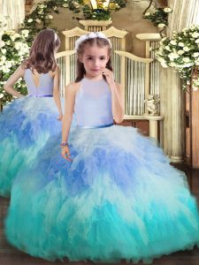 Super Multi-color Backless High-neck Beading and Ruffles Little Girl Pageant Dress Tulle Sleeveless