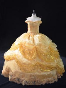 Admirable Floor Length Gold Sweet 16 Quinceanera Dress Off The Shoulder Sleeveless Lace Up