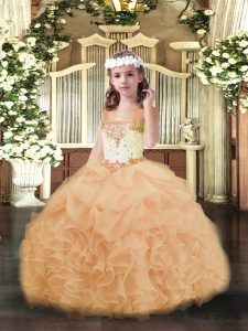 Custom Fit Peach Lace Up Straps Beading and Ruffles and Pick Ups Little Girl Pageant Dress Organza Sleeveless