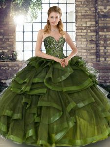 Dazzling Olive Green Sweetheart Neckline Beading and Ruffles Quince Ball Gowns Sleeveless Lace Up