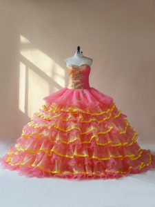On Sale Pink Quinceanera Dresses Organza Sleeveless Beading and Ruching