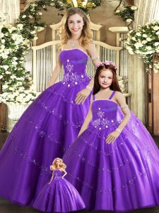 Purple Tulle Lace Up Quince Ball Gowns Sleeveless Floor Length Beading