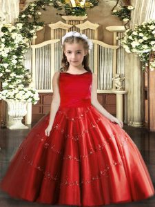 Scoop Sleeveless Little Girl Pageant Gowns Floor Length Beading Red Tulle