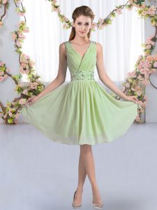 Fashion Yellow Green Empire Chiffon V-neck Sleeveless Beading Knee Length Zipper Quinceanera Court Dresses