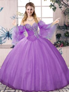 Simple Lavender 15 Quinceanera Dress Sweet 16 and Quinceanera with Beading Sweetheart Long Sleeves Lace Up