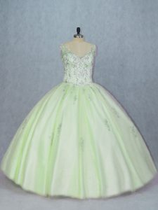 Beauteous Yellow Green Ball Gowns Tulle V-neck Sleeveless Beading Lace Up Sweet 16 Dresses