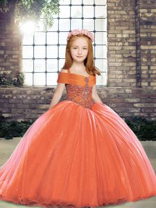 Admirable Sleeveless Tulle Floor Length Lace Up Child Pageant Dress in Orange Red with Beading