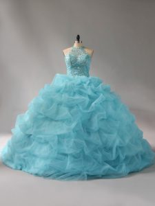 Chic Halter Top Sleeveless Court Train Lace Up Sweet 16 Dress Aqua Blue Organza