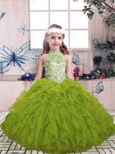 Floor Length Lace Up Little Girls Pageant Dress Wholesale Olive Green for Party and Wedding Party with Beading and Ruffles