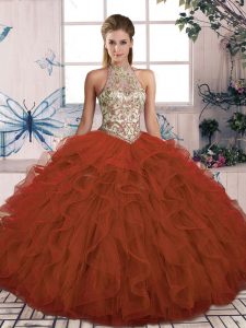 Rust Red 15th Birthday Dress Military Ball and Sweet 16 and Quinceanera with Beading and Ruffles Halter Top Sleeveless Lace Up