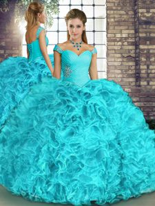 Charming Sleeveless Organza Floor Length Lace Up 15th Birthday Dress in Aqua Blue with Beading and Ruffles