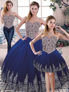 Sleeveless Tulle Floor Length Lace Up Quinceanera Gown in Royal Blue with Embroidery