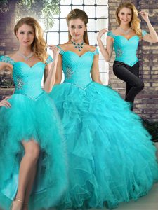 Charming Sleeveless Tulle Floor Length Lace Up Quinceanera Dress in Aqua Blue with Beading and Ruffles
