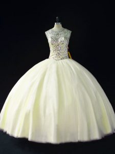Light Yellow Lace Up Ball Gown Prom Dress Beading Sleeveless Floor Length