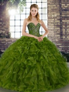 Glamorous Olive Green Organza Lace Up Sweetheart Sleeveless Floor Length Sweet 16 Quinceanera Dress Beading and Ruffles