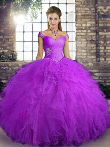 Most Popular Floor Length Purple Quinceanera Gown Off The Shoulder Sleeveless Lace Up