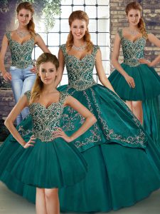 Straps Sleeveless Quinceanera Dress Floor Length Beading and Embroidery Teal Tulle