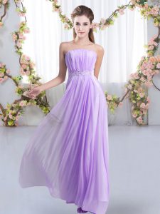 Lavender Empire Chiffon Strapless Sleeveless Beading Lace Up Court Dresses for Sweet 16 Sweep Train