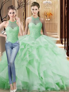 Apple Green Sleeveless Beading and Ruffles Lace Up Ball Gown Prom Dress