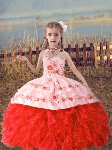 Excellent Floor Length Ball Gowns Sleeveless Coral Red Little Girls Pageant Gowns Lace Up