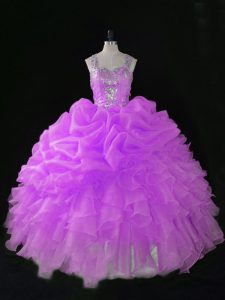 Fabulous Lilac Organza Zipper 15 Quinceanera Dress Sleeveless Floor Length Sequins and Pick Ups