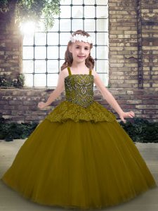 Custom Made Floor Length Ball Gowns Sleeveless Olive Green Little Girl Pageant Gowns Lace Up