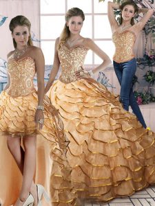 Shining Gold Ball Gown Prom Dress Halter Top Sleeveless Brush Train Lace Up